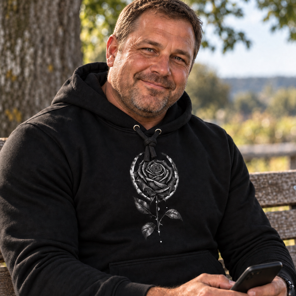 Hoodie "Dark Rose" mit Motiv, schwarz, am Model, Ansicht 3 – SEELENSCHWARZ