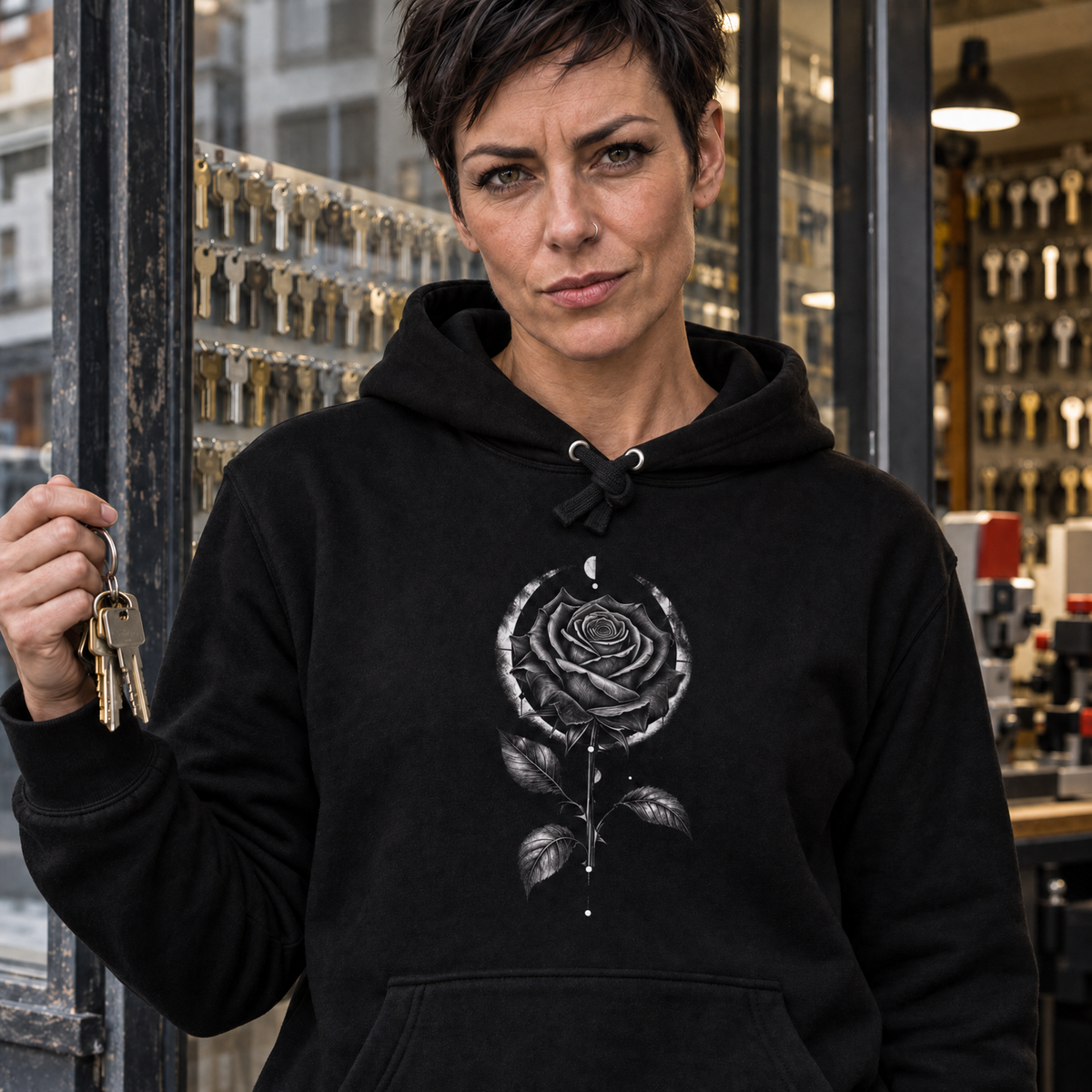 Hoodie "Dark Rose" mit Motiv, schwarz, am Model, Ansicht 4 – SEELENSCHWARZ