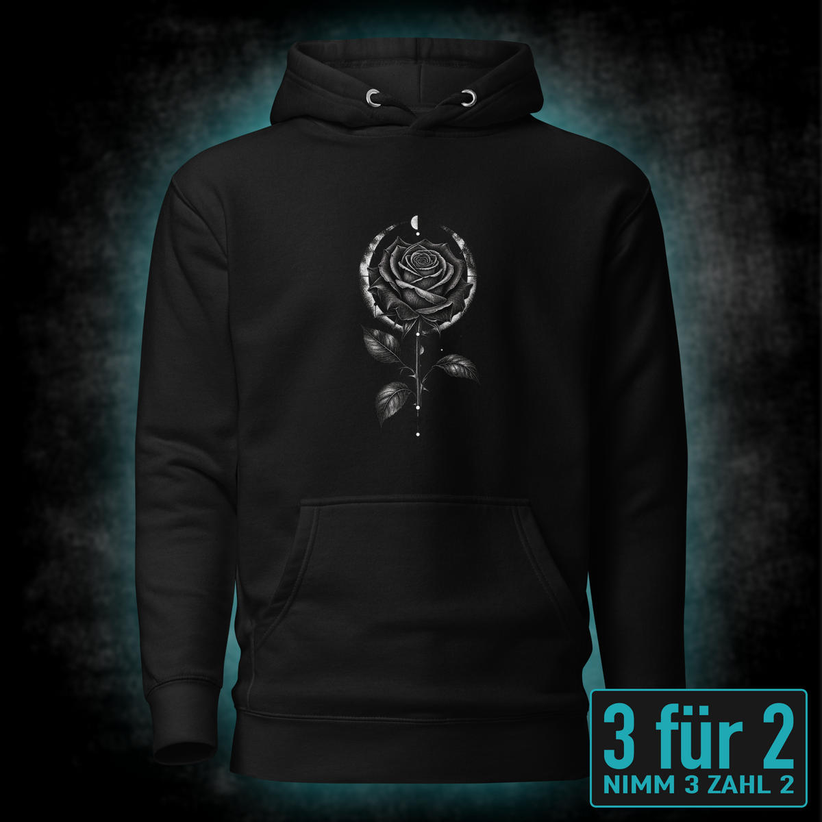 Hoodie "Dark Rose" mit Motiv, schwarz, Vorderansicht – SEELENSCHWARZ