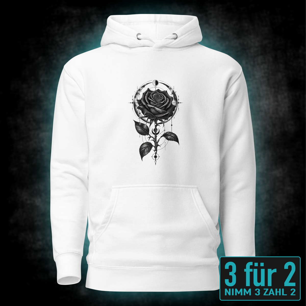 Hoodie "Dark Rose" mit Motiv, schwarz, Vorderansicht – SEELENSCHWARZ
