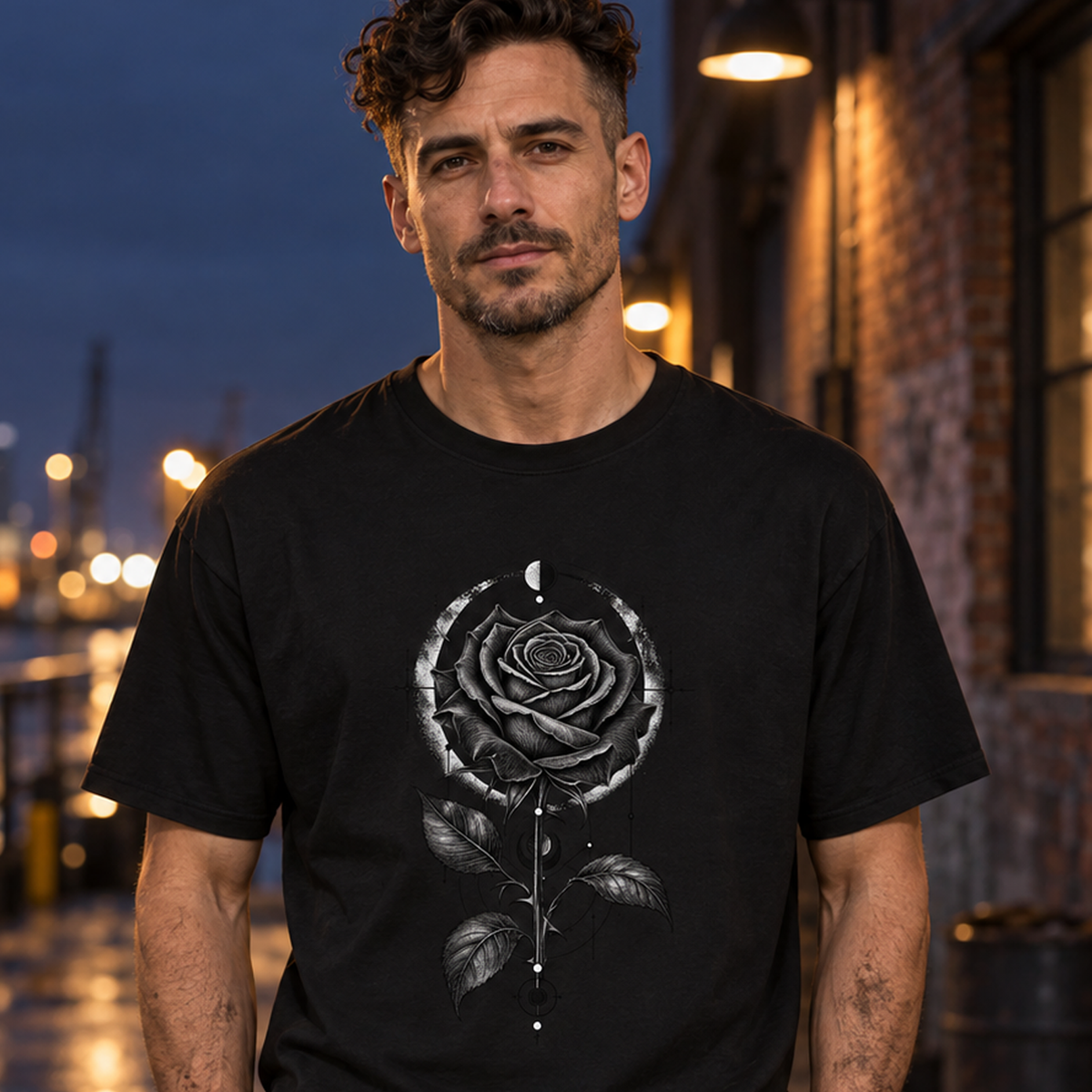 T-Shirt "Dark Rose" mit Motiv, schwarz, am Model, Ansicht 1 – SEELENSCHWARZ