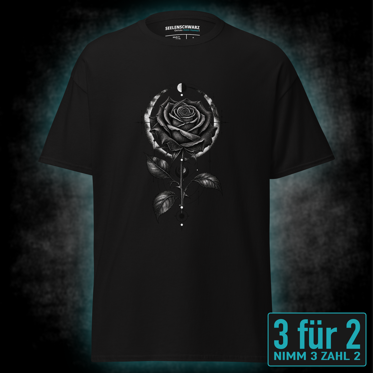 T-Shirt "Dark Rose" mit Motiv, schwarz, Vorderansicht – SEELENSCHWARZ