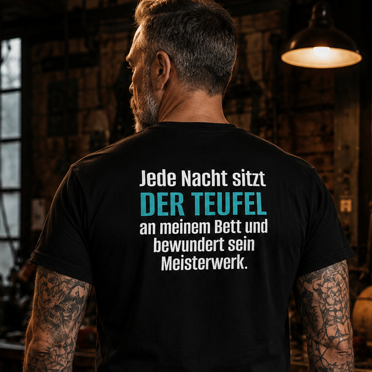 Der Teufel am Bett, Unisex T-Shirt Rücken