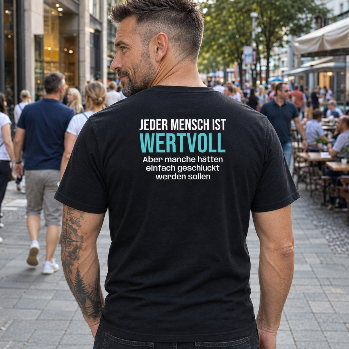 Jeder Mensch ist wertvoll, Unisex T-Shirt Rücken