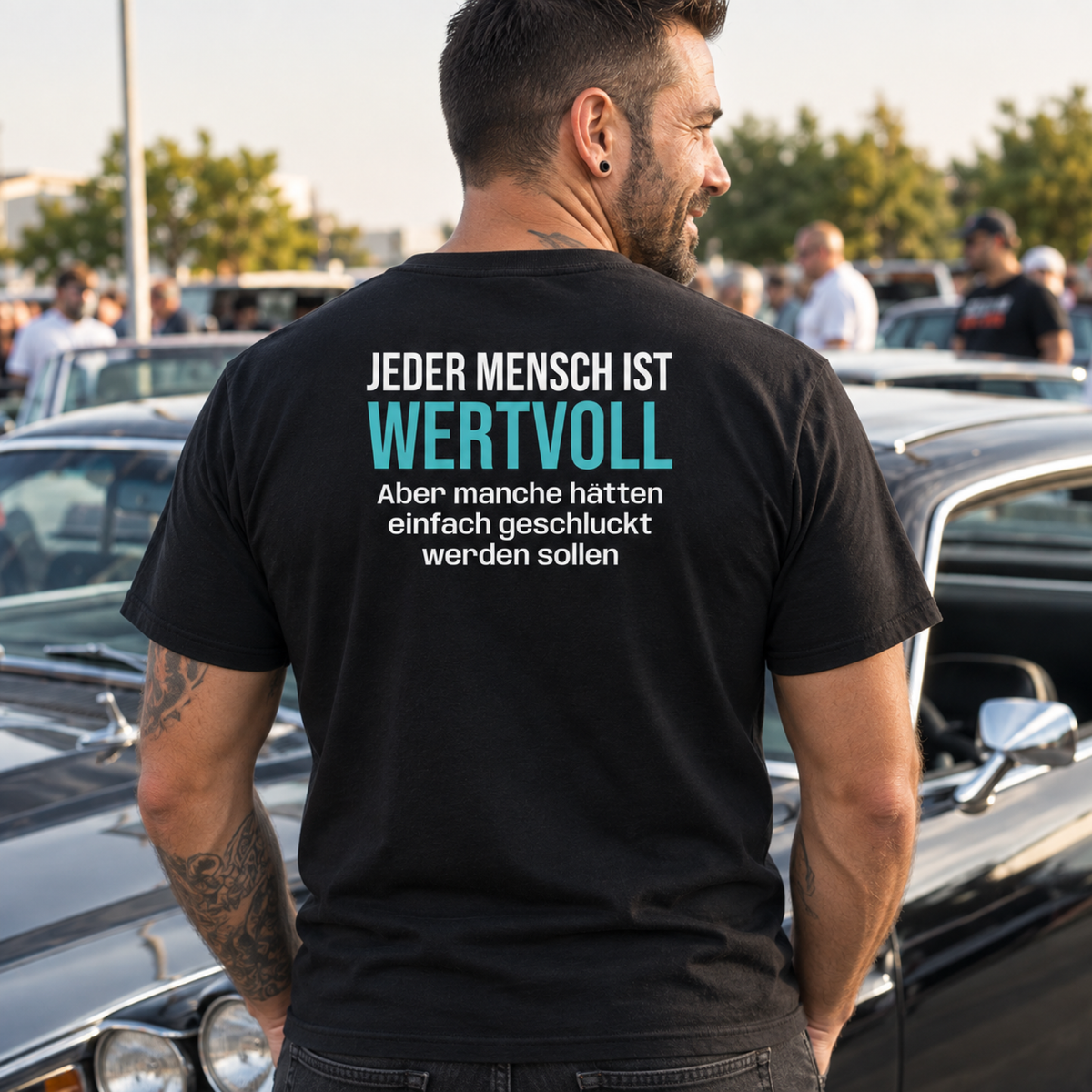 Jeder Mensch ist wertvoll, Unisex T-Shirt Rücken