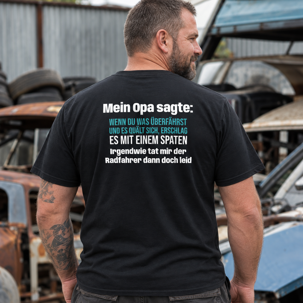 Mit Spaten erschlagen, Unisex T-Shirt Rücken