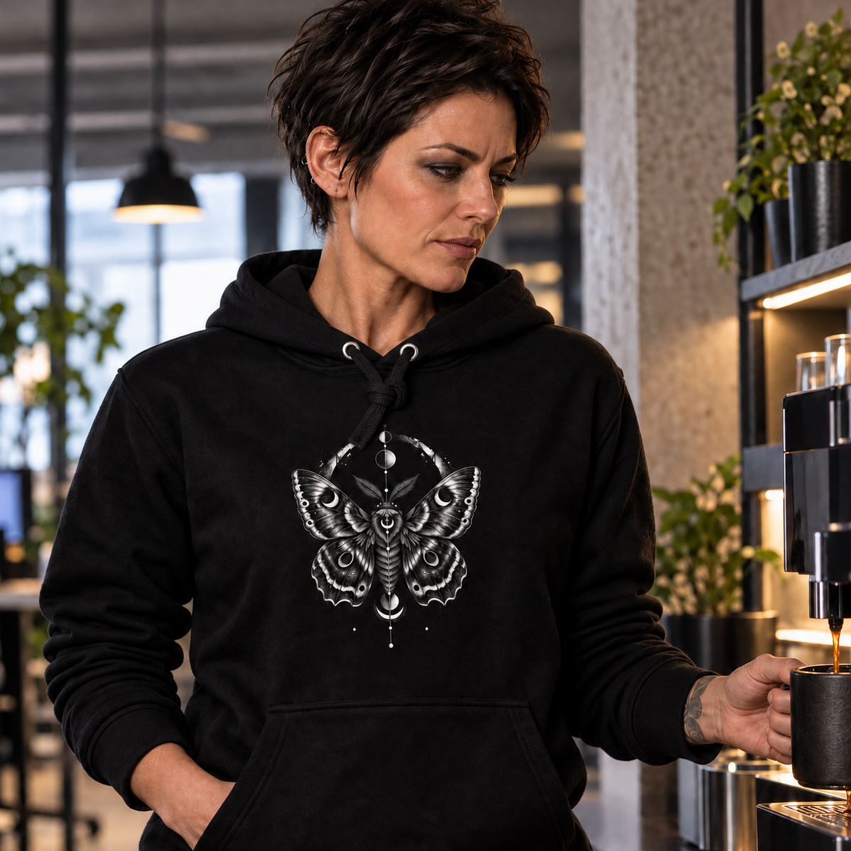 Hoodie "Noctis" mit Motiv, schwarz, am Model, Ansicht 1 – SEELENSCHWARZ