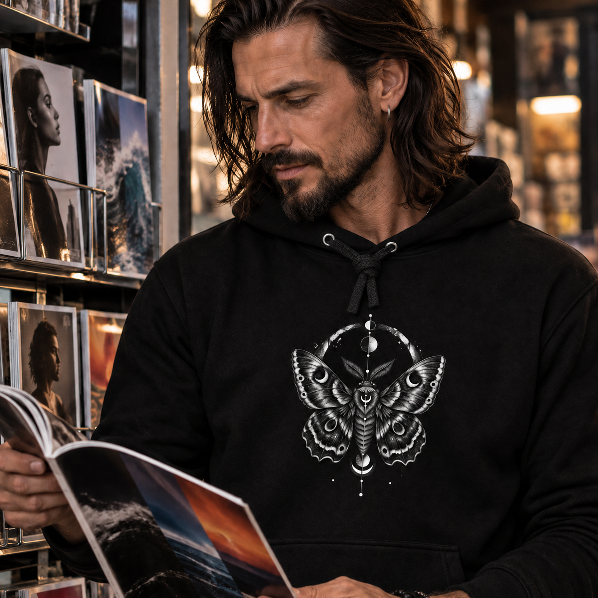 Hoodie "Noctis" mit Motiv, schwarz, am Model, Ansicht 2 – SEELENSCHWARZ