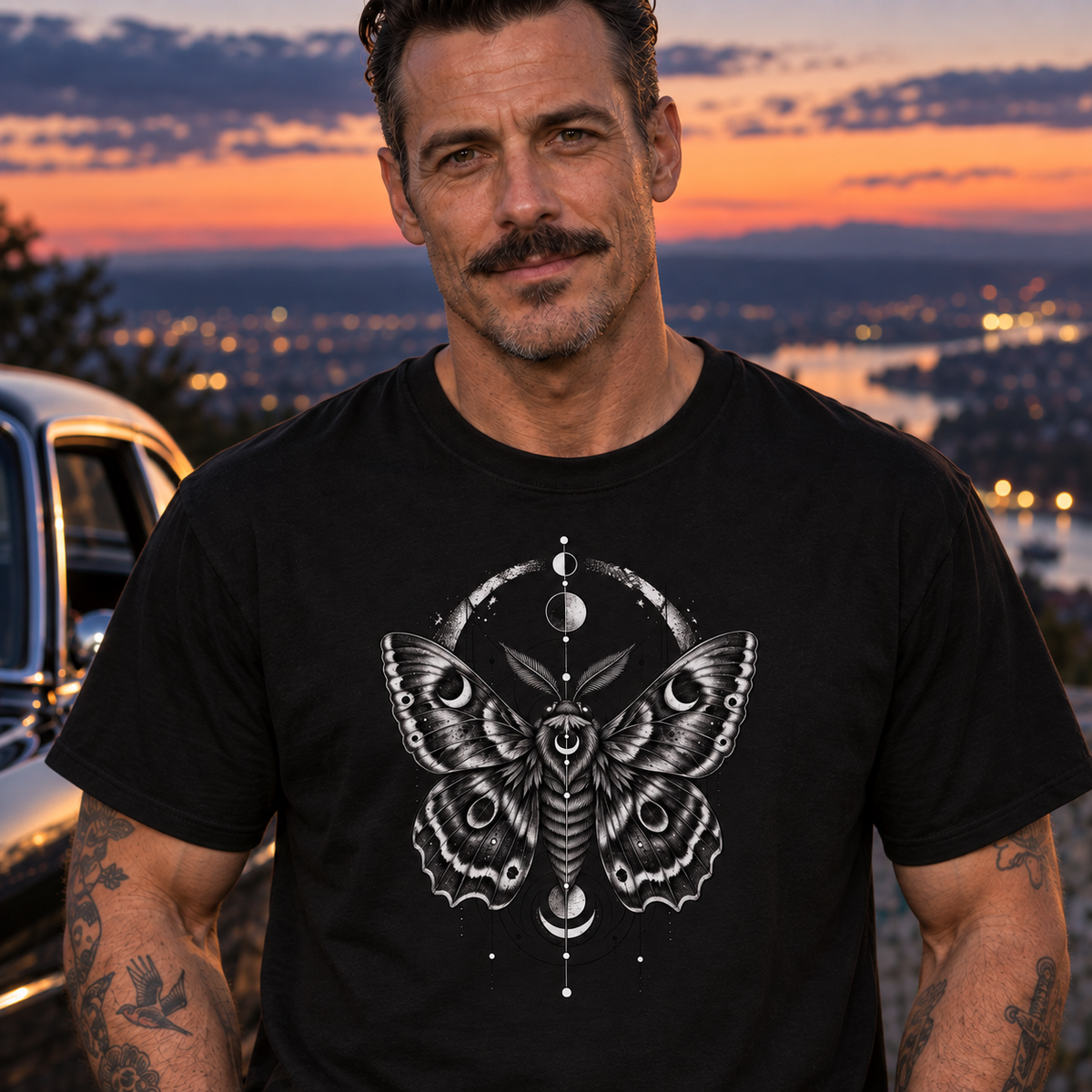 T-Shirt "Noctis" mit Motiv, schwarz, am Model, Ansicht 1 – SEELENSCHWARZ