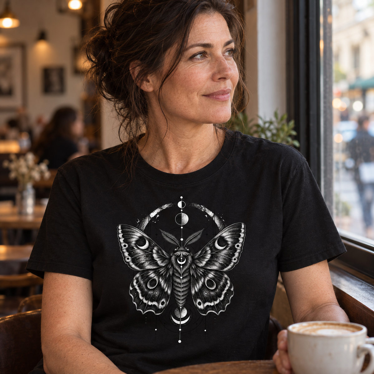 T-Shirt "Noctis" mit Motiv, schwarz, am Model, Ansicht 2 – SEELENSCHWARZ