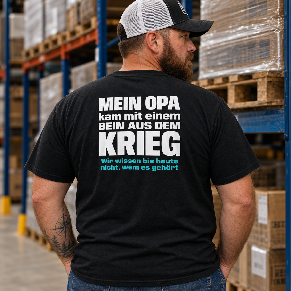 Opa mit einem Bein, Unisex T-Shirt Rücken
