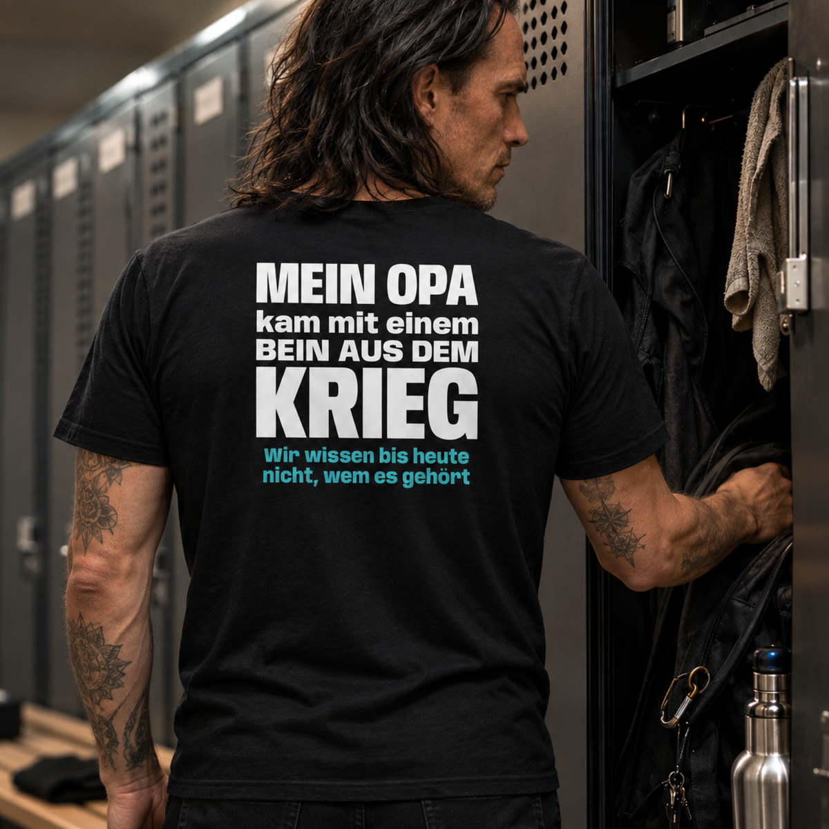Opa mit einem Bein, Unisex T-Shirt Rücken
