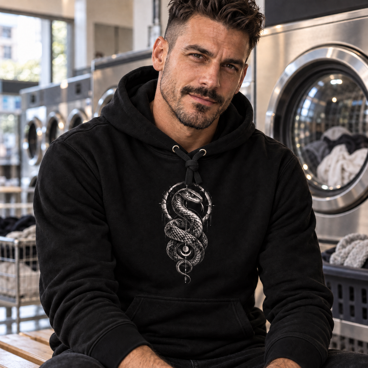 Hoodie "Serpent" mit Motiv, schwarz, am Model, Ansicht 3 – SEELENSCHWARZ