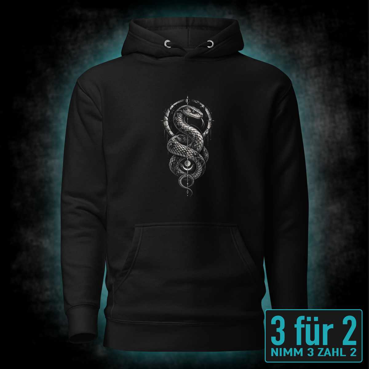 Hoodie "Serpent" mit Motiv, schwarz, Vorderansicht – SEELENSCHWARZ