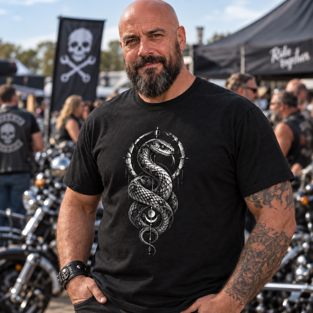 T-Shirt "Serpent" mit Motiv, schwarz, am Model, Ansicht 1 – SEELENSCHWARZ