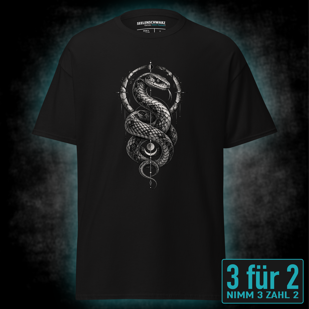 T-Shirt "Serpent" mit Motiv, schwarz, Vorderansicht – SEELENSCHWARZ